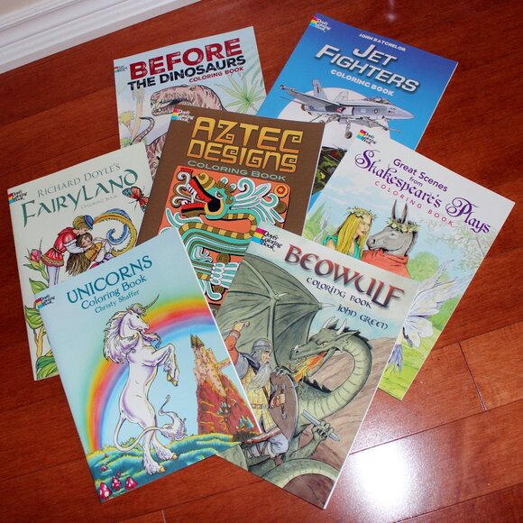7x Dover Coloring Books Aztec Fairyland Unicorns Beowulf Shakespeare Jet Fighter - Picture 1 of 14